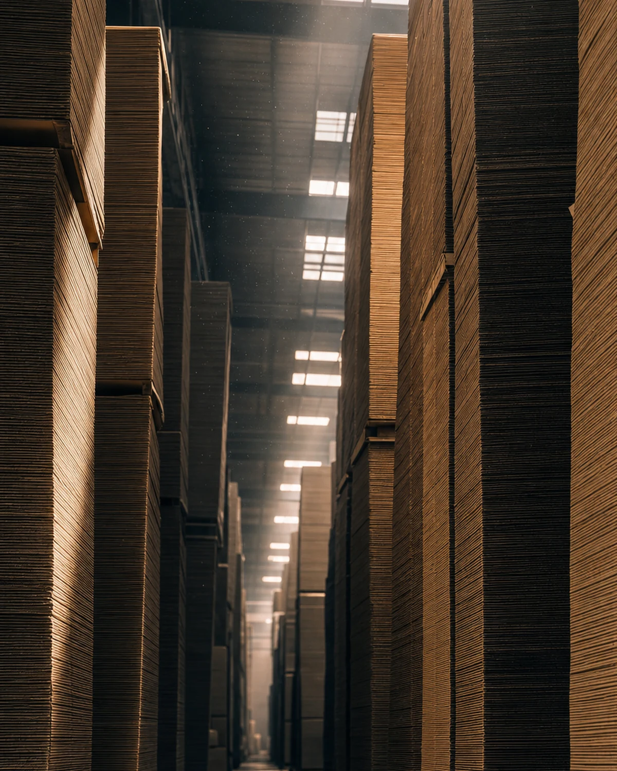 Interior de la planta de Grupo Tensa en Tlalnepantla con planchas de cartón apiladas
