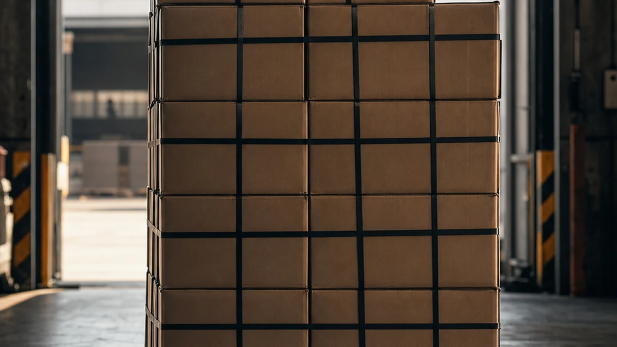 Cajas corrugadas estibadas y flejadas listas para despacho