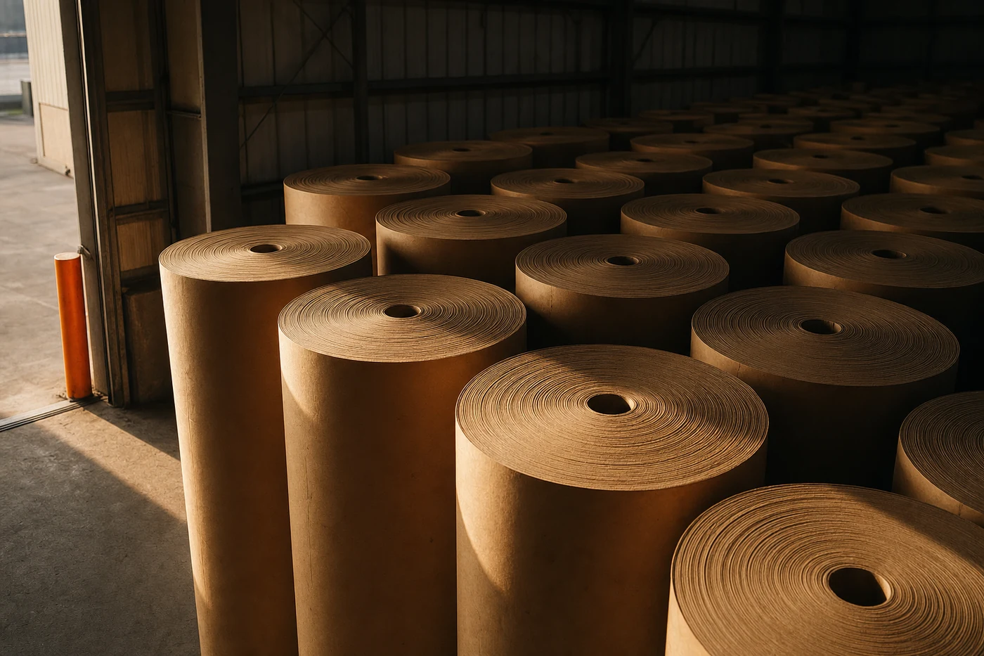 Rollos de papel kraft certificado FSC almacenados en la planta